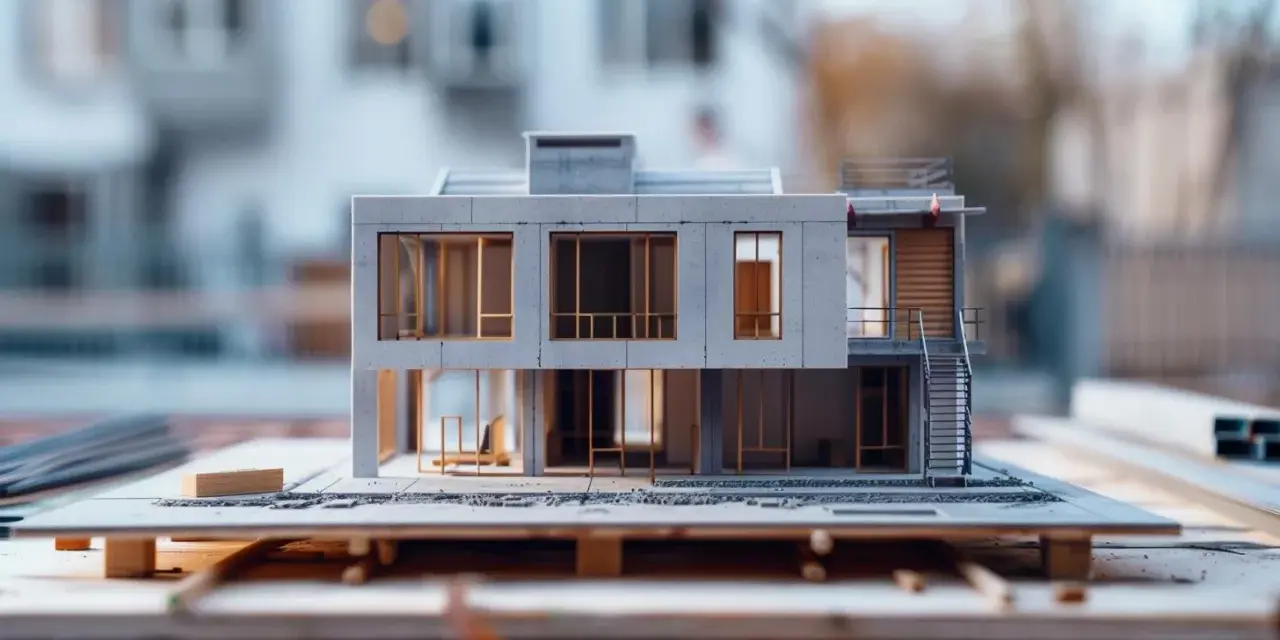 Model nowoczesnego domu z betonowymi elementami i dużymi oknami. Widać schody zewnętrzne i taras. To wizualizacja, która pomoże oszacować koszt adaptacji projektu.