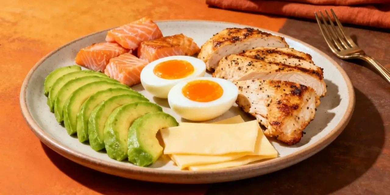 Tanie przepisy keto: grillowany kurczak, łosoś, jajka na miękko, awokado i ser. Zdrowy posiłek na talerzu.