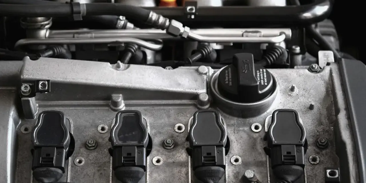 Silnik Volkswagena z widocznymi cewkami zapłonowymi. Błąd DTC P0030 może wskazywać na problem z sondą lambda.