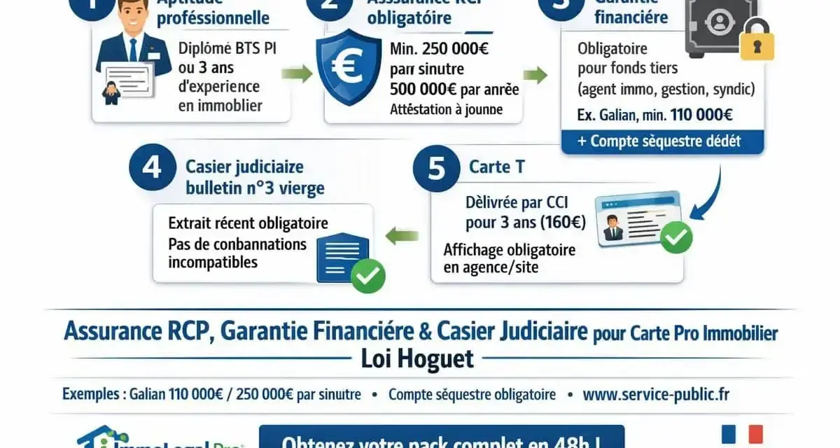 Schéma des 5 étapes pour obtenir le statut d'agent commercial immobilier : aptitude, assurance, garantie, casier judiciaire, carte T.