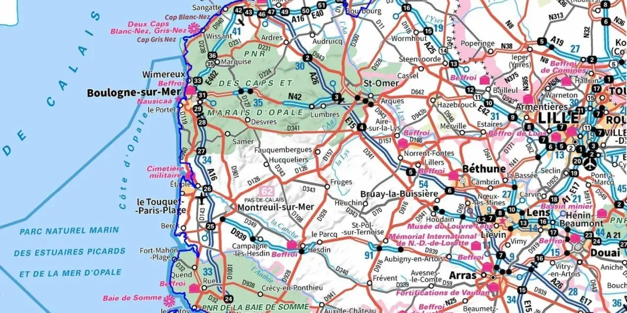 Carte routière de la région des Hauts-de-France, montrant les villes, les routes et les points d'intérêt, avec un focus sur les 120 étapes de la région.
