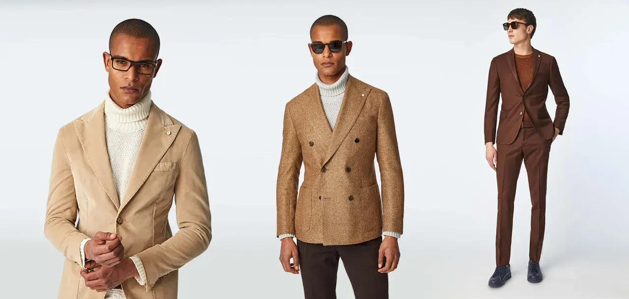 Uomini eleganti con giacche color terra e dolcevita, perfetti per idee outfit sera.