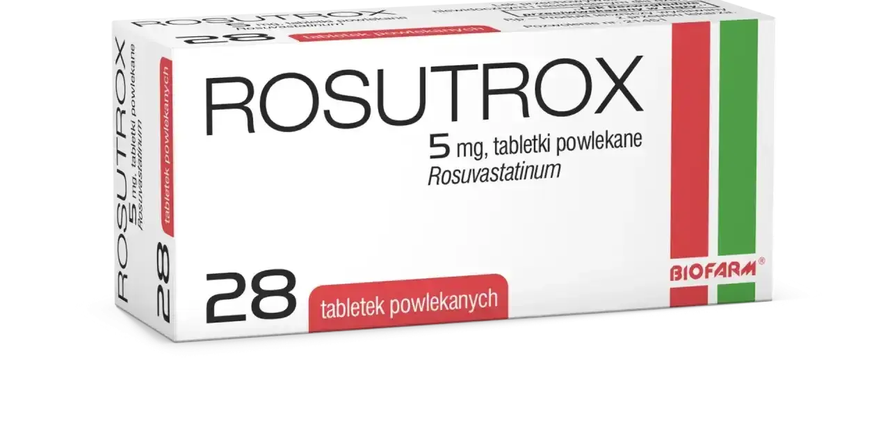 Opakowanie leku Rosutrox 5 mg, zawierające 28 tabletek powlekanych. Producent Biofarm.