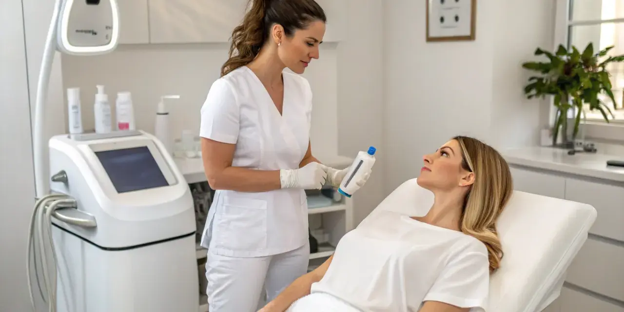 Kosmetolog prezentuje klientce preparat przed zabiegami dermatologicznymi.