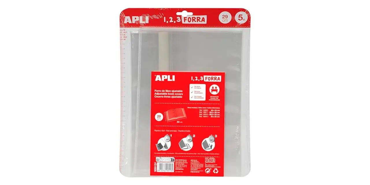 Paquete de 5 fundas transparentes APLI 1,2,3 FORRA para forrar libros de forma rápida y sencilla.