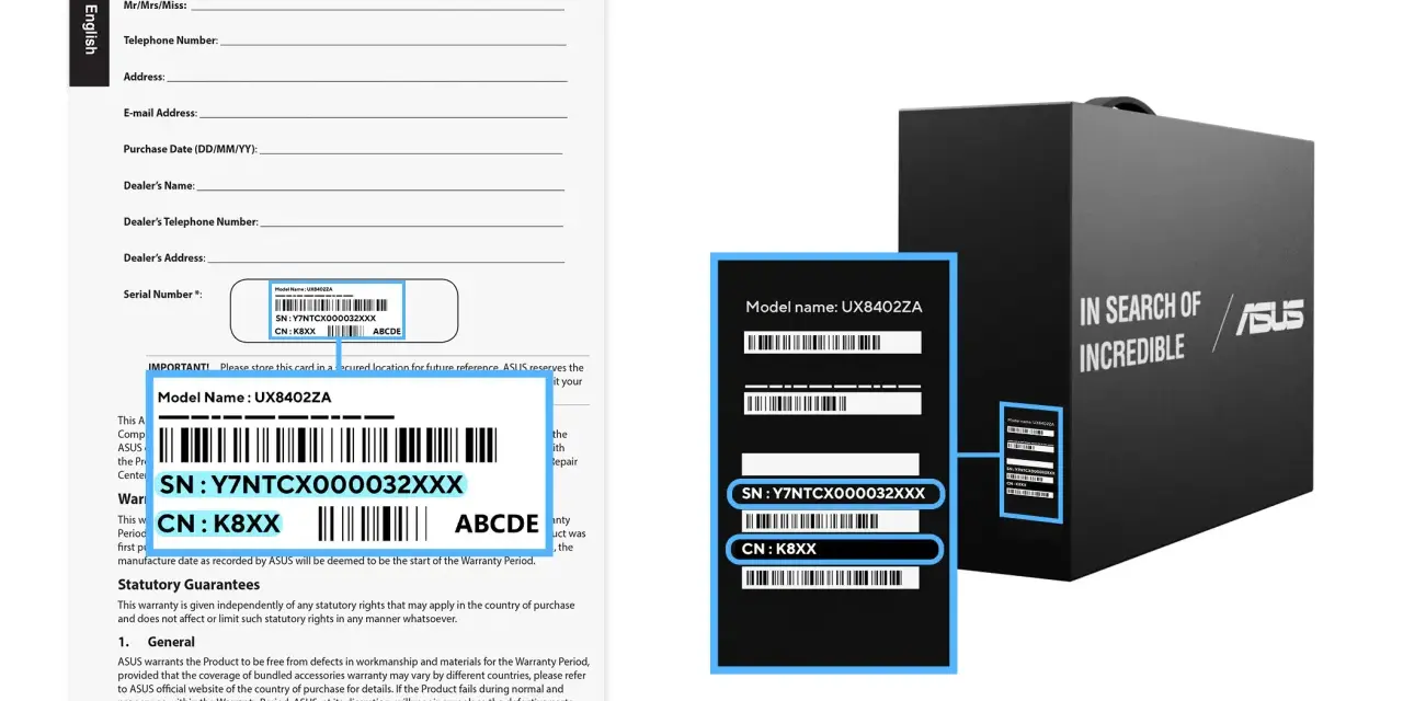 Formularz gwarancyjny ASUS z numerem seryjnym laptopa: SN: Y7NTCX000032XXX, CN: K8XX.