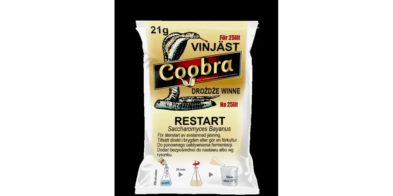 Opakowanie drożdży Coobra Restart Saccharomyces Bayanus, 21g, na 25 litrów nastawu. Idealne, gdy zastanawiasz się, ile drożdży do wina dodać, by wznowić fermentację.
