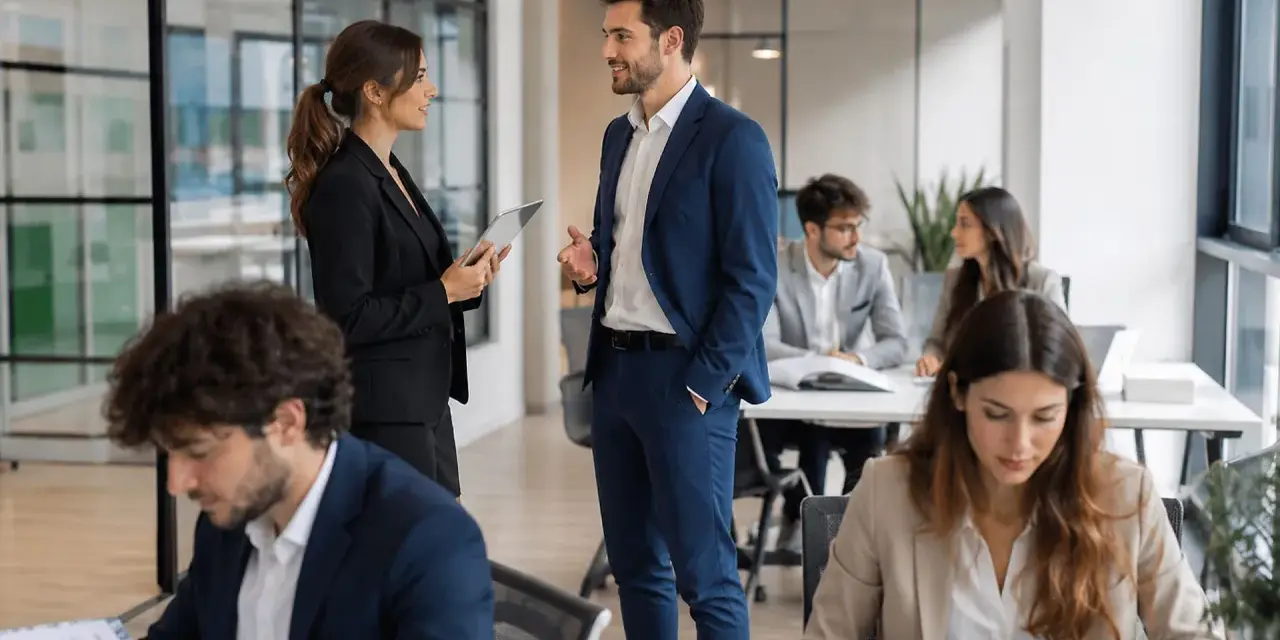 Il responsabile comunicazione discute con una collega in un ufficio moderno. Altri collaboratori lavorano ai loro tavoli.