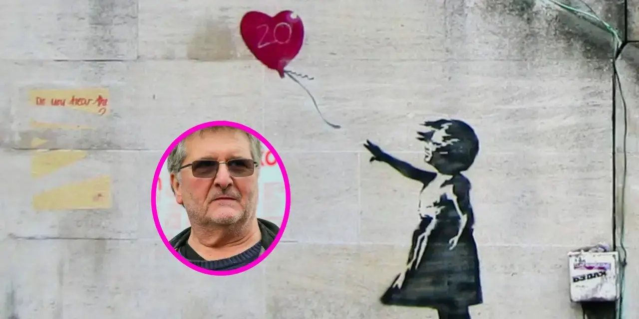 Visage de l'artiste Banksy superposé à son œuvre iconique "Girl with Balloon".
