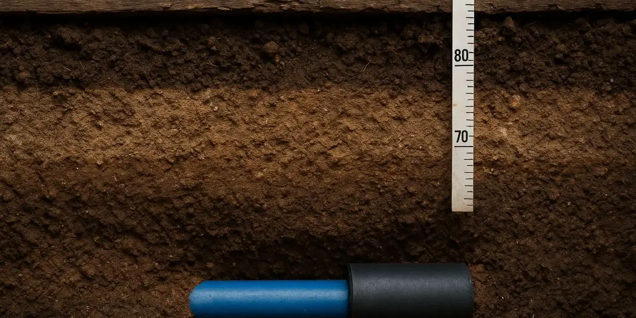 Przekrój gleby z rurą wodną na głębokości ok. 75 cm. Obok miarka z podziałką.