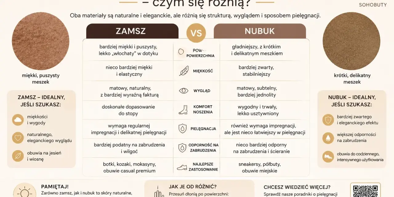 Porównanie zamszu i nubuku: zamsz jest miękki i puszysty, nubuk gładki z krótkim meszkiem. Oba wymagają pielęgnacji.