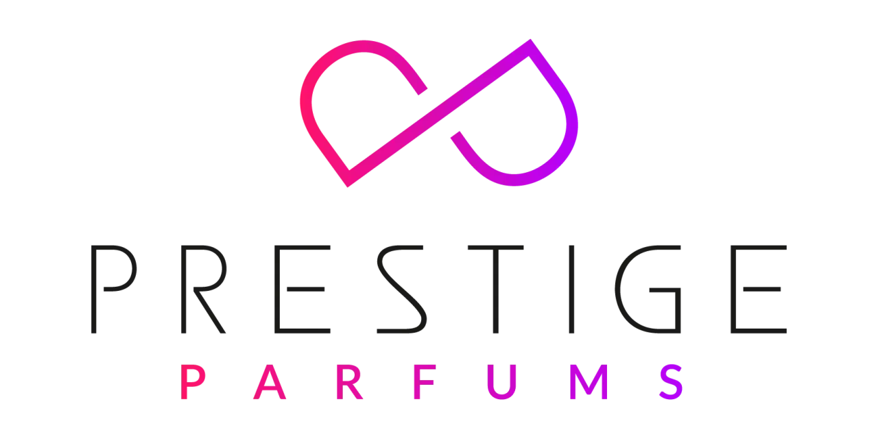 Logo luksusowe marki Prestige Parfums. Symbol nieskończoności w gradientach różu i fioletu nad napisem.