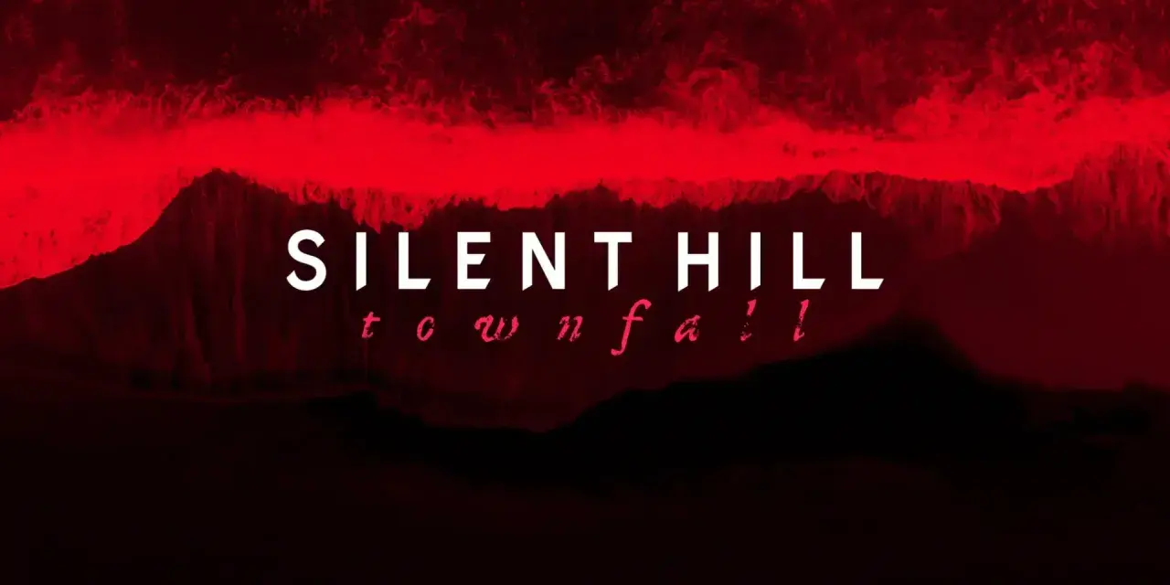 Napisy "SILENT HILL townfall" na tle czerwonych fal i mrocznych gór.