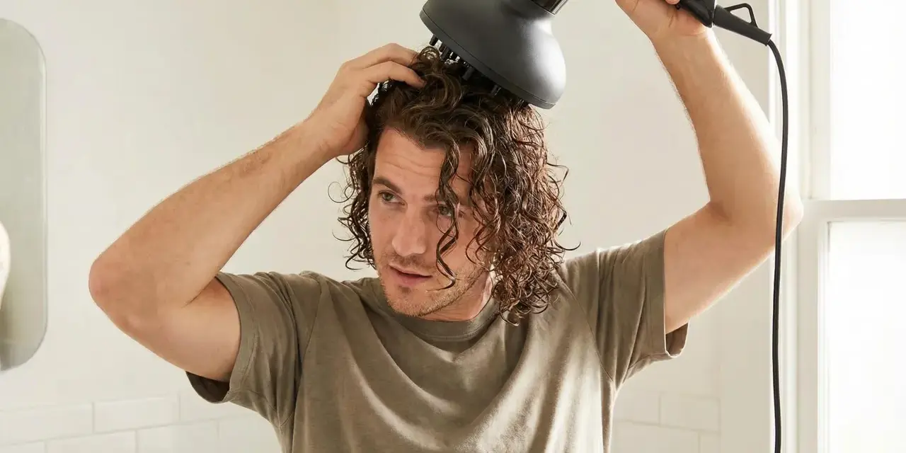 Ein junger Mann mit wellen haaren föhnt sich die Locken mit einem Diffusor.