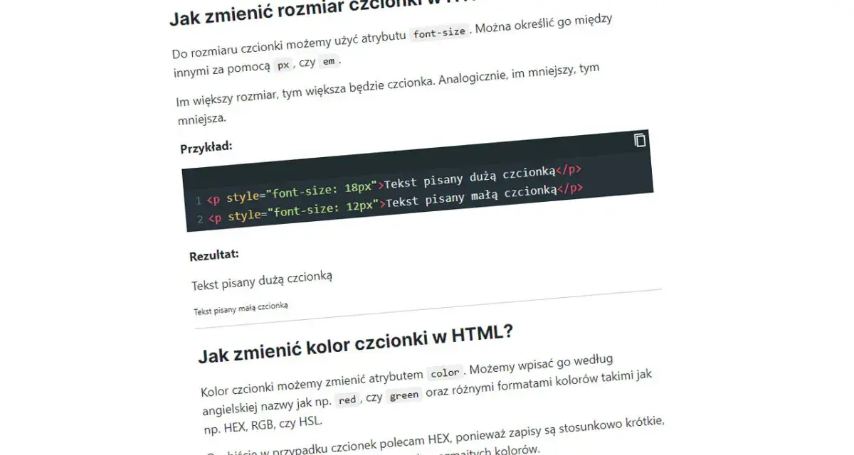 Fragment kodu HTML z przykładem zmiany rozmiaru czcionki i tekstem o różnej wielkości.