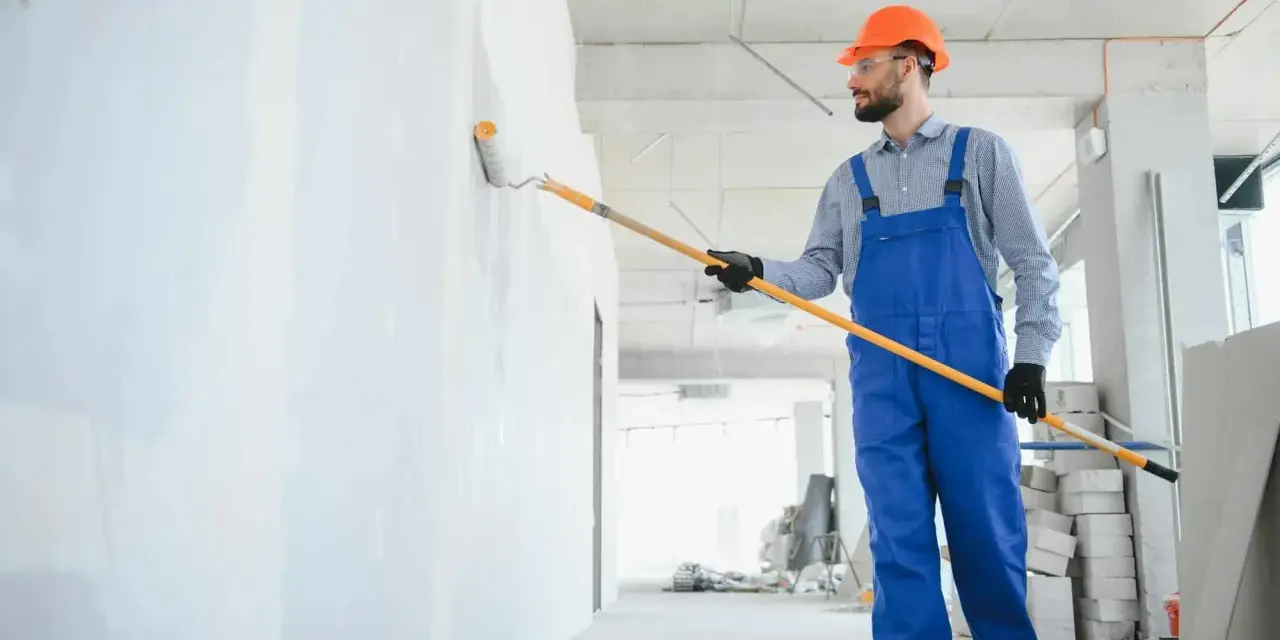 Maler mit blauer Latzhose und orangefarbenem Helm streicht eine Wand weiß. Informieren Sie sich über die malerarbeiten kosten für Ihr Projekt.