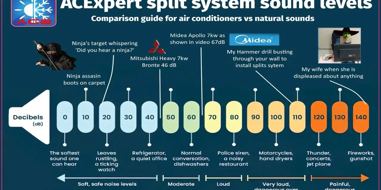 Guide comparatif des niveaux sonores : un climatiseur Midea Apollo 7kw émet 67 dB, équivalent à une conversation normale.