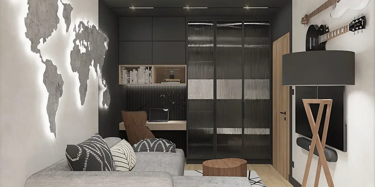 Męski pokój inspiracje: mapa świata na ścianie, gitary, wygodna sofa i biurko. Idealne miejsce dla podróżnika i muzyka.