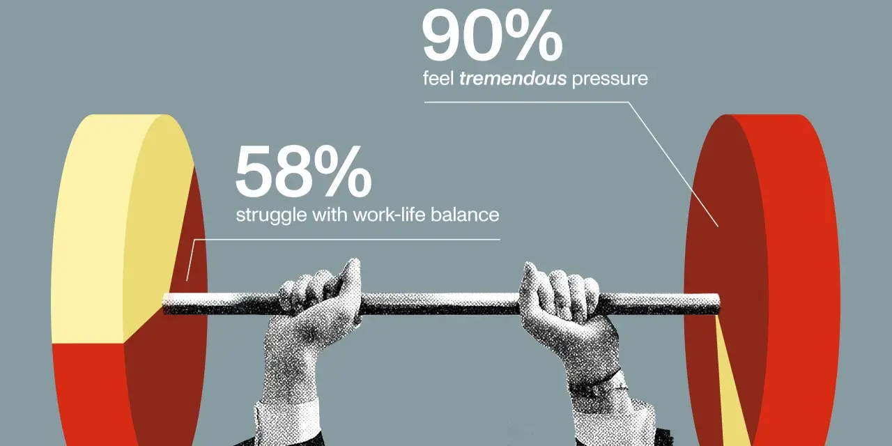 A nonprofit CEO struggles under the weight of immense pressure, with 90% feeling overwhelmed and 58% battling work-life balance.