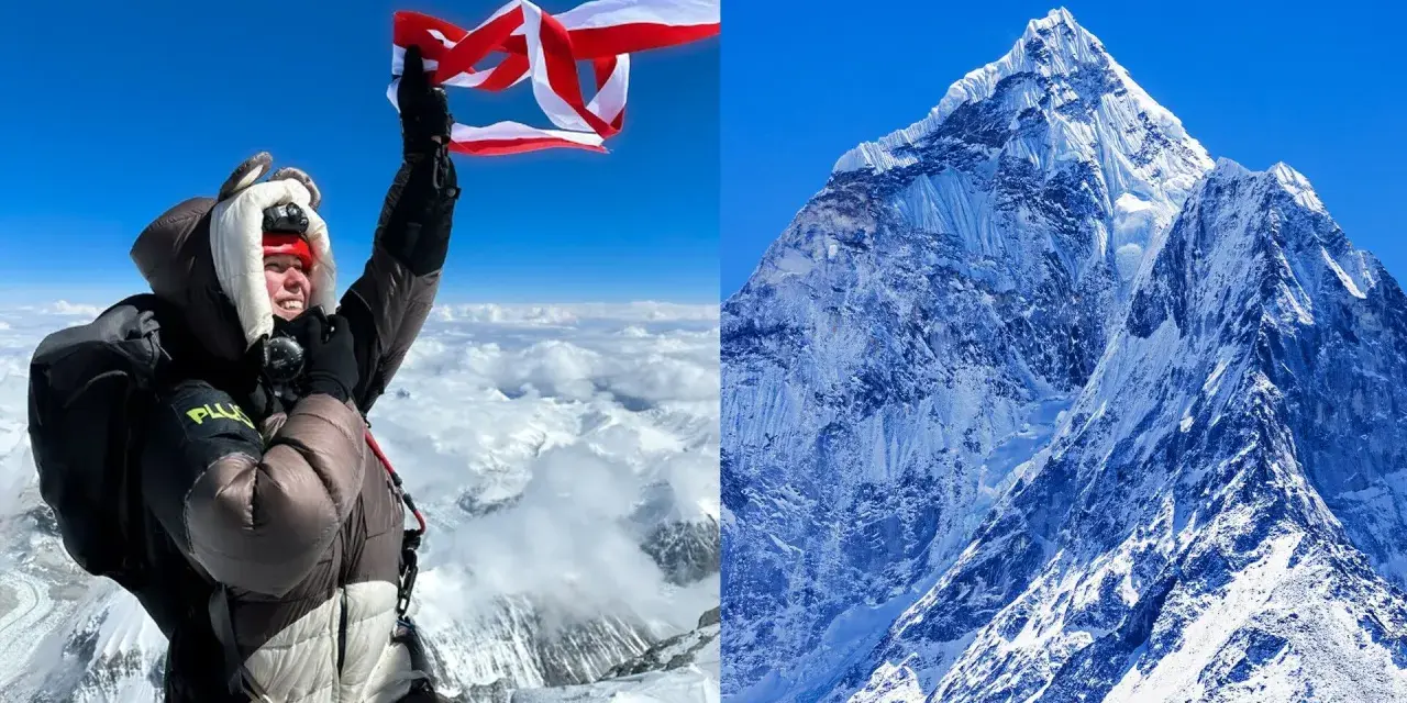 Młoda osoba z flagą na szczycie Mount Everest, najmłodsza osoba na Mount Everest, triumfuje nad chmurami.