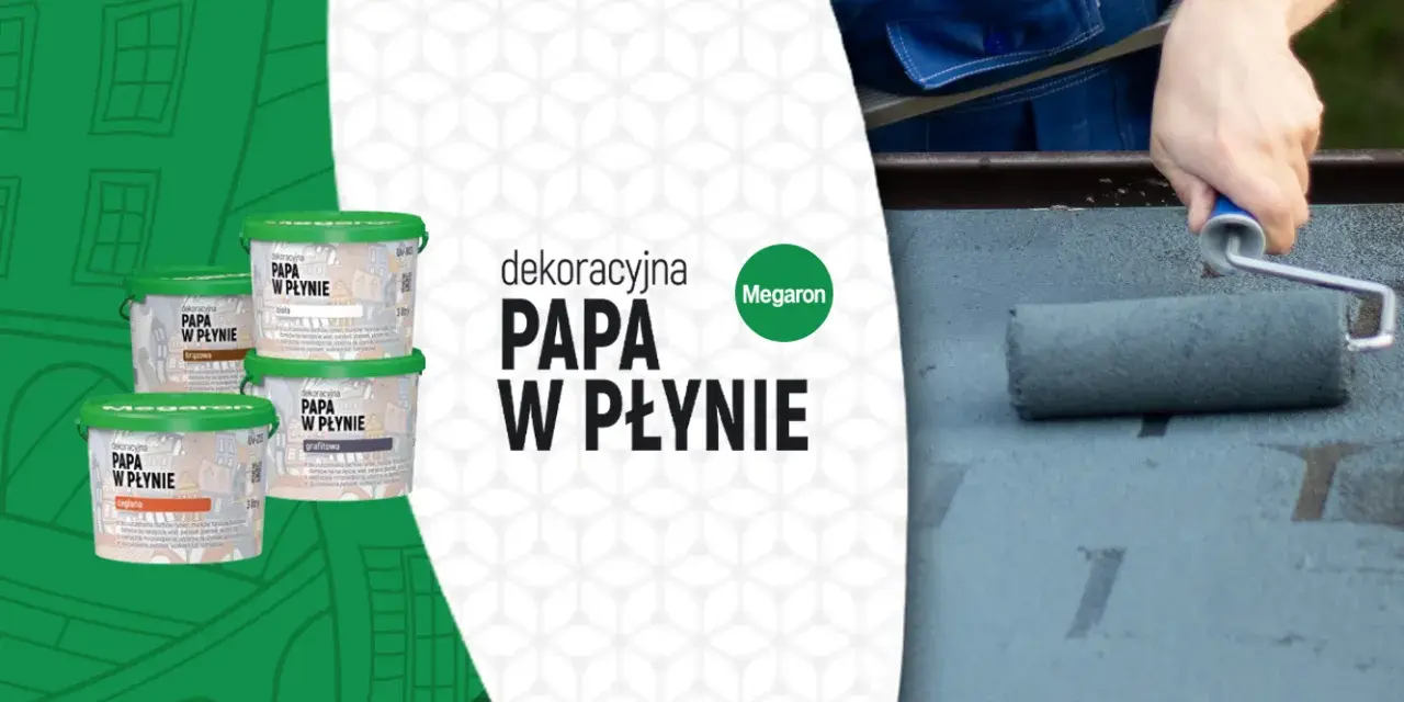 Pojemniki z dekoracyjną papą w płynie i wałek malujący dach. Dostępne kolory: ceglana, brązowa, biała, grafitowa.