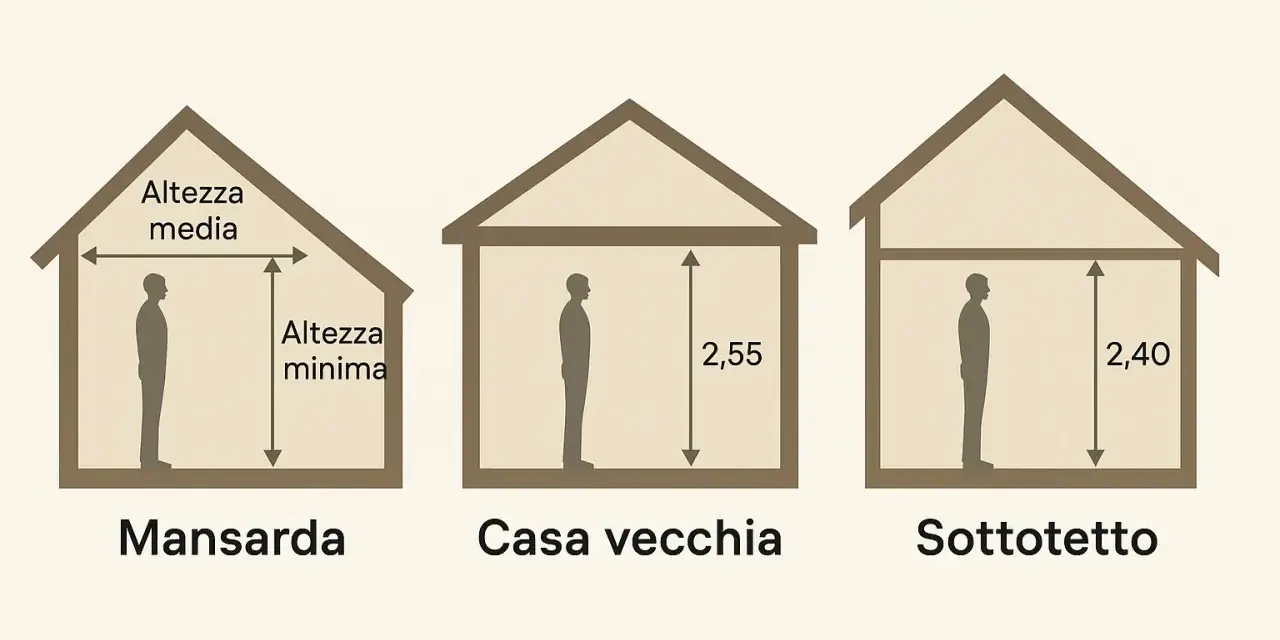 Illustrazione mostra l'altezza minima abitabilità in mansarda, casa vecchia (2,55m) e sottotetto (2,40m).