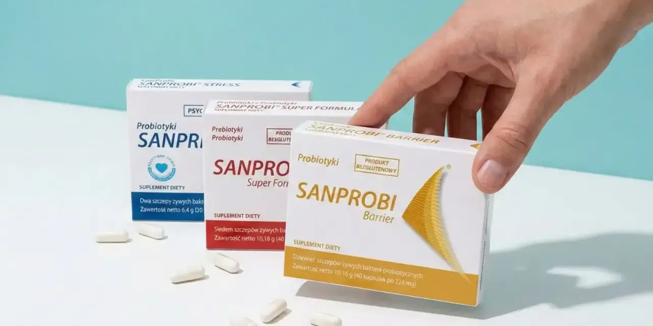 Dłoń sięga po probiotyk w ciąży. Na stole leżą opakowania Sanprobi, a obok nich kapsułki.