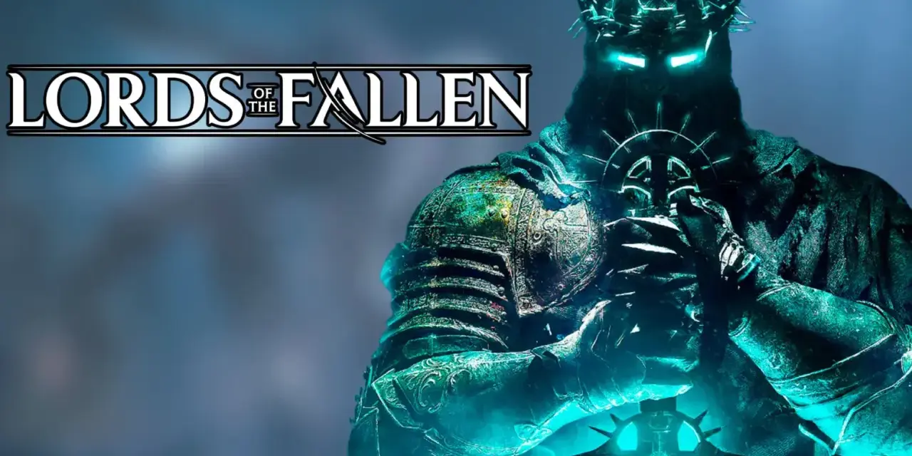 Un guerrero con armadura brillante y corona de espinas sostiene una espada. El logo "Lords of the Fallen" aparece en la esquina superior izquierda, sugiriendo un análisis del juego.