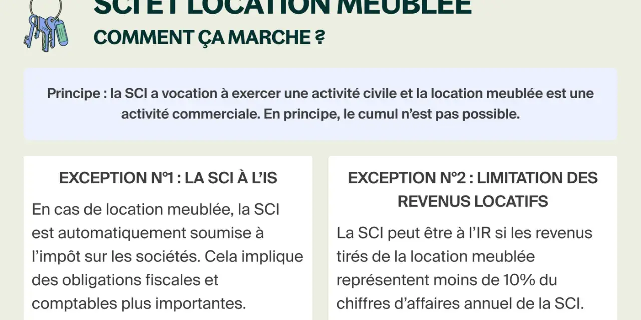 Illustration expliquant le principe et les exceptions de la SCI pour la location meublée, une sci location saisonnière.