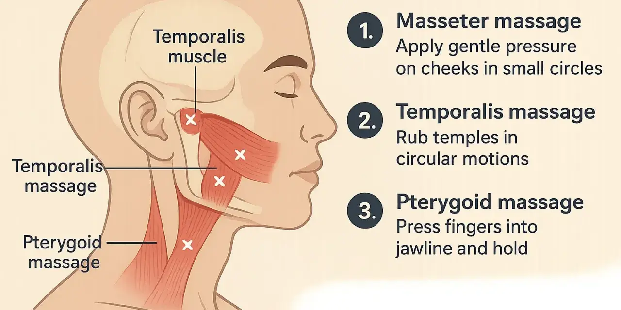 Diagram showing TMJ self-massage techniques for the face and neck, with instructions for masseter, temporalis, and pterygoid muscles.