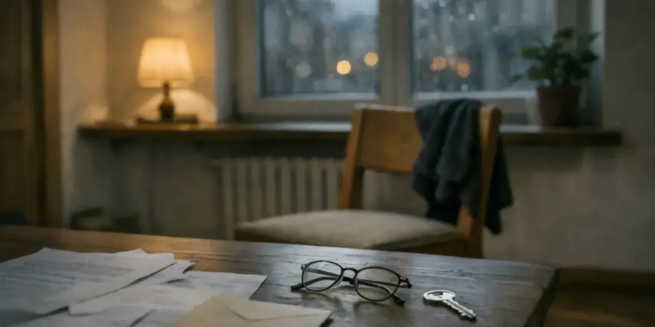Na drewnianym stole leżą dokumenty, okulary i klucz. Może to symbolizować sprawy spadkowe, w tym zachowek od darowizny.
