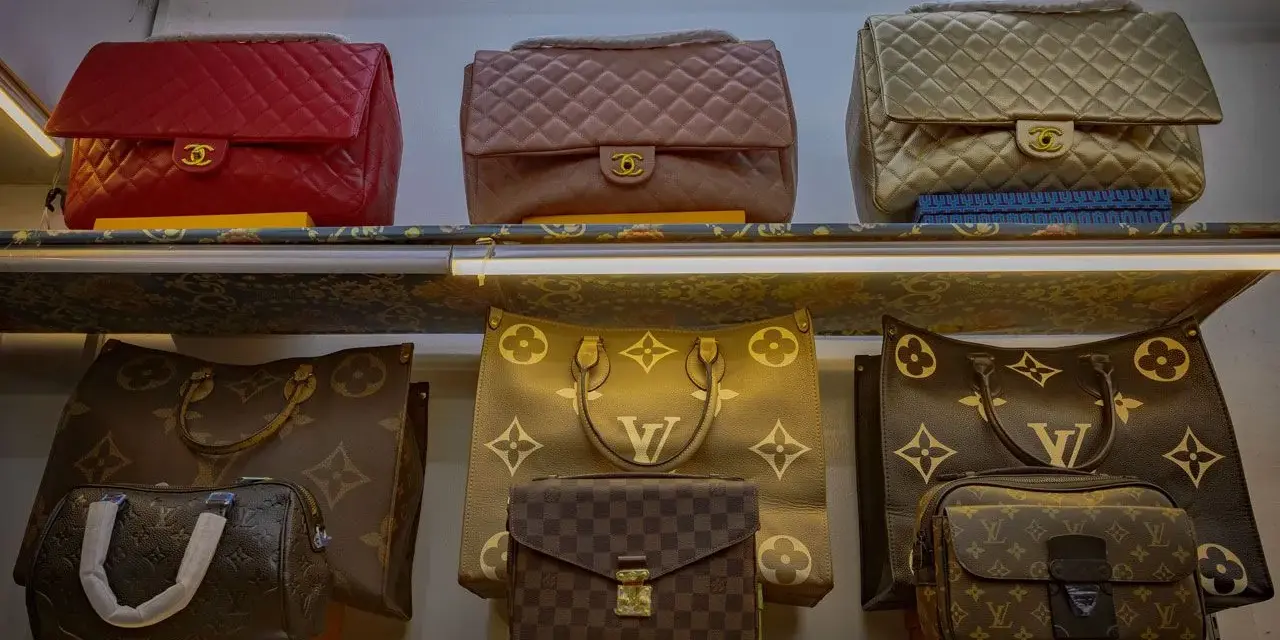 Borse Louis Vuitton fuori produzione, tra cui modelli classici e versioni con monogrammi iconici, esposte su scaffali illuminati.