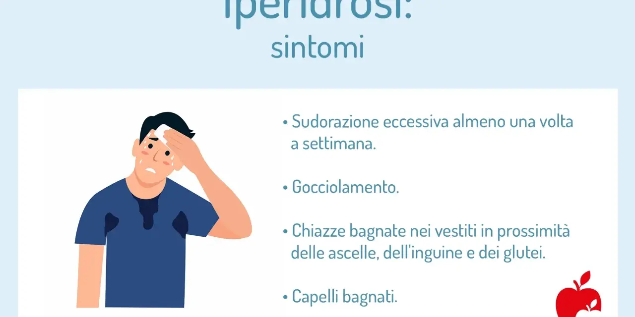 Uomo con sudorazione eccessiva, asciuga la fronte con un fazzoletto. La maglietta presenta macchie di sudore. Sintomi di iperidrosi.