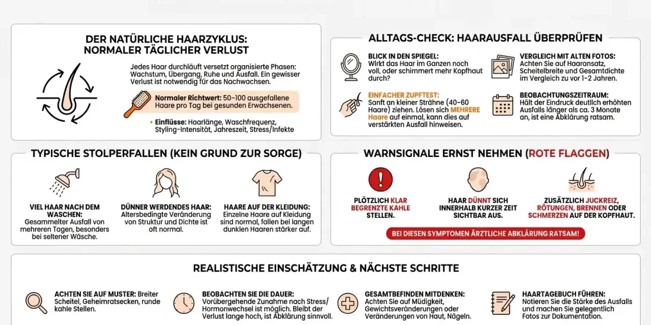 Der Text erklärt, wann **starker Haarausfall** normal ist und wann er ärztliche Hilfe erfordert. Er zeigt, wie man den eigenen Haarzustand beurteilt.