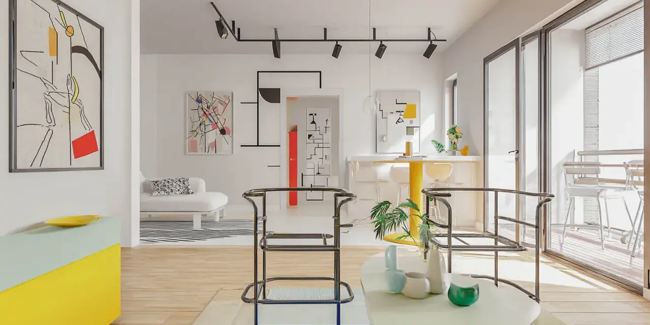 Nowoczesne wnętrze z meblami i grafikami w stylu bauhaus przykłady. Jasne kolory, geometryczne formy, minimalistyczne krzesła.