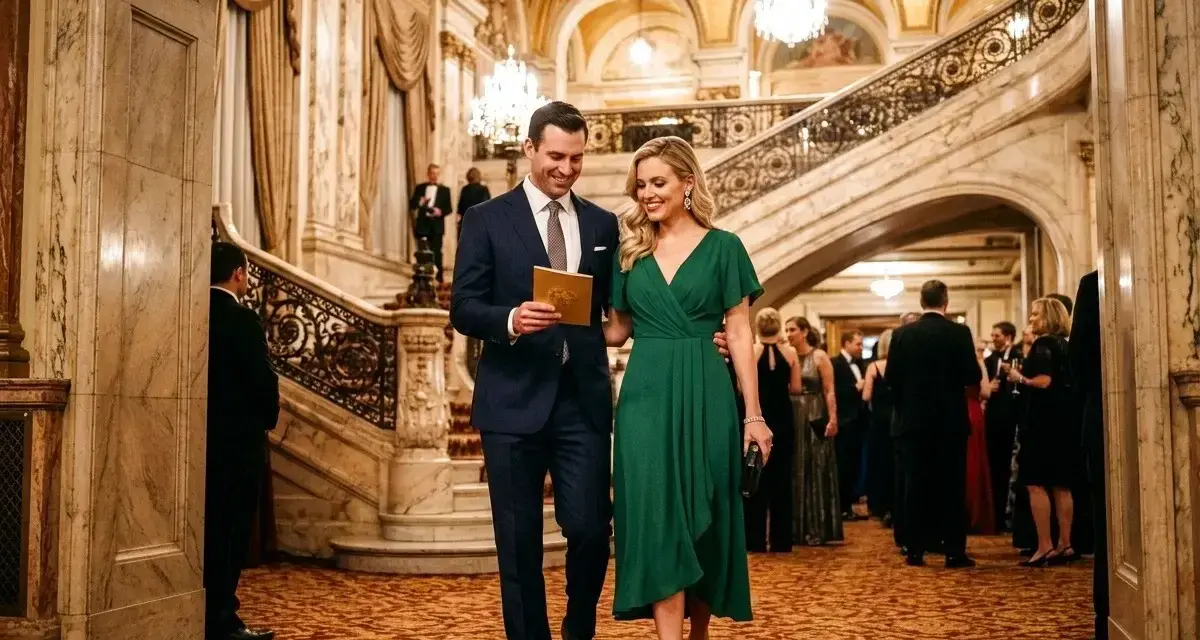 Elegancka para wchodzi na galowy wieczór. Czy to filharmonia? Wspaniałe wnętrze, schody i kryształowe żyrandole sugerują uroczystość.