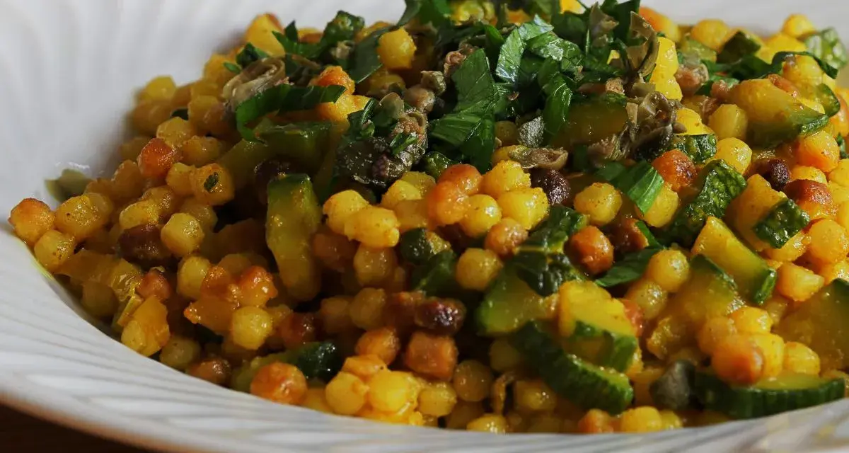 Fregola saporita con zucchine e capperi, un'idea per fregola ricette semplici e gustose.