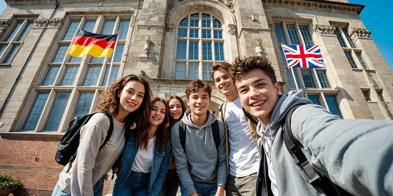 Sechs lächelnde junge Leute vor einem Gebäude mit deutschen und britischen Flaggen. Ein aufregendes Auslandsjahr in England beginnt!