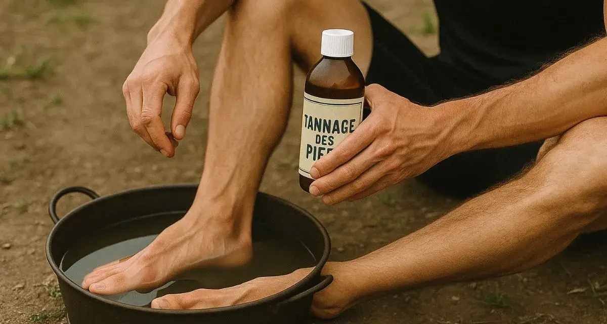 Un homme utilise un produit pour comment durcir la peau des pieds, trempant un pied dans une bassine d'eau.