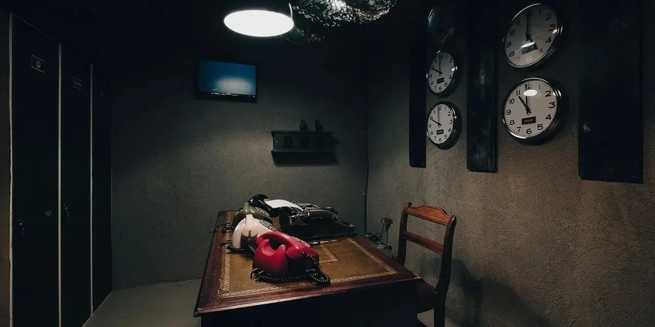 Mörkt rum med skrivbord, gamla telefoner, skrivmaskin och flera klockor på väggen. Perfekt för en spännande escape room hemma-upplevelse.