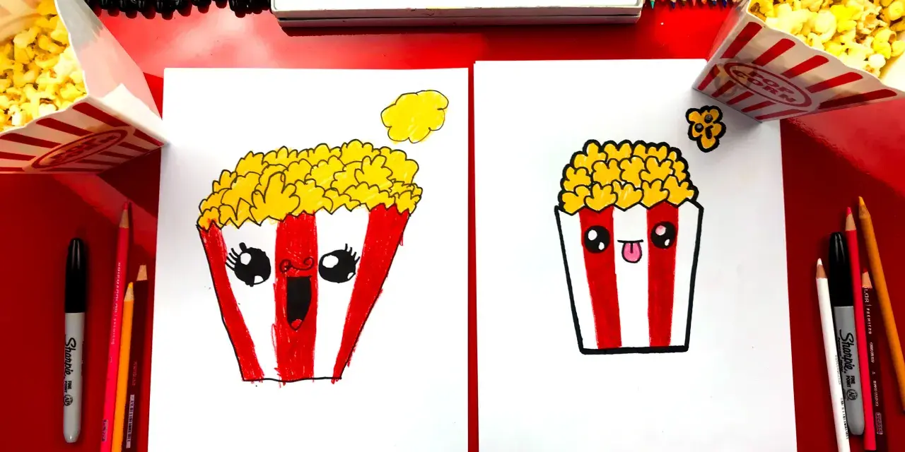 Deux adorables dessins de pop-corn, un avec une bouche ouverte et un autre tirant la langue, prêts à être colorés.