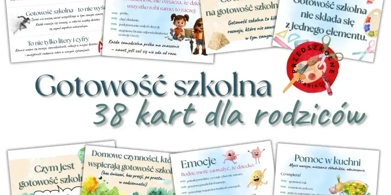 Zestaw 38 kart z prostymi zadaniami do wykonania dla dzieci, wspierającymi gotowość szkolną.