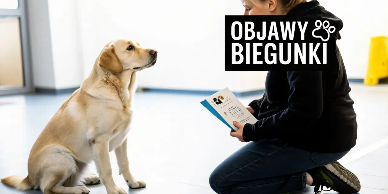 Labrador siedzi, patrząc na kobietę klęczącą z ulotką o objawach biegunki u psa.