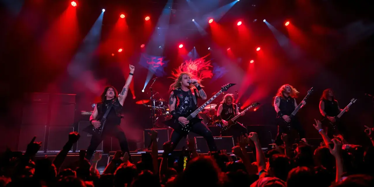 Un groupe metal actuel enflamme la scène sous des projecteurs rouges. Les musiciens jouent avec passion, leurs cheveux volant au vent, devant une foule en délire.