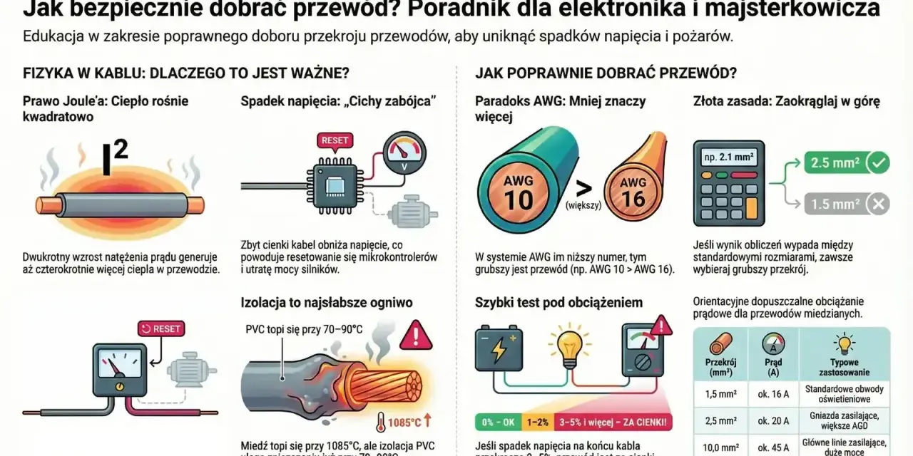 Wykres porównuje przekroje przewodów, pokazując, że grubszy przewód (np. 2.5 mm²) jest lepszy niż cieńszy (1.5 mm²), podobnie jak śruba 8.8 wytrzymałość jest kluczowa.