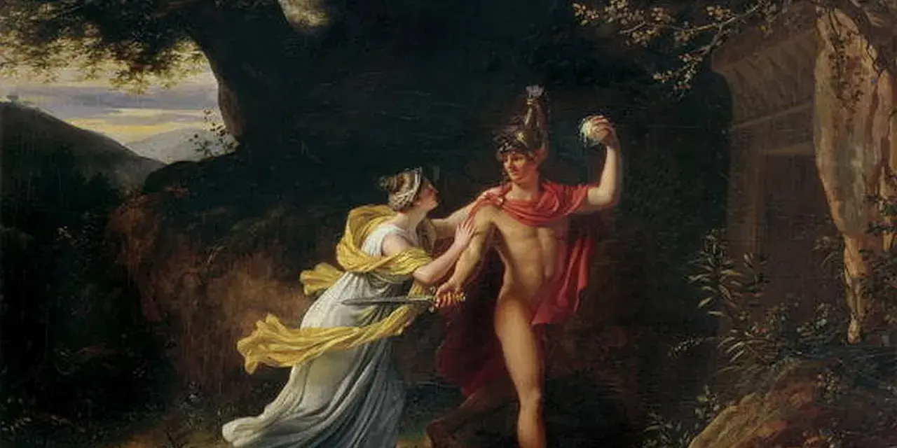 Ariadna podaje Tezeuszowi nić, by ten pokonał Minotaura. Mit o Tezeuszu i Ariadnie ożywa w tej scenie.