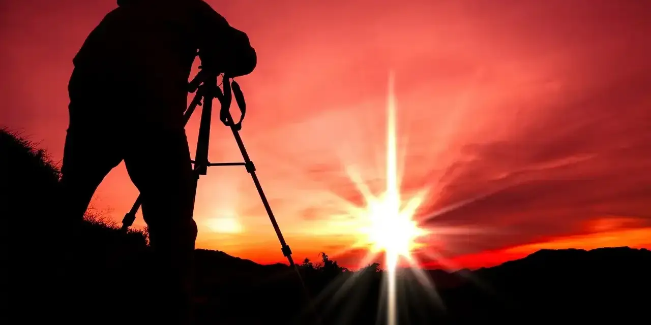 Silhouette d'un photographe sur trépied, capturant le soleil éclatant lors d'un coucher de soleil rougeoyant.