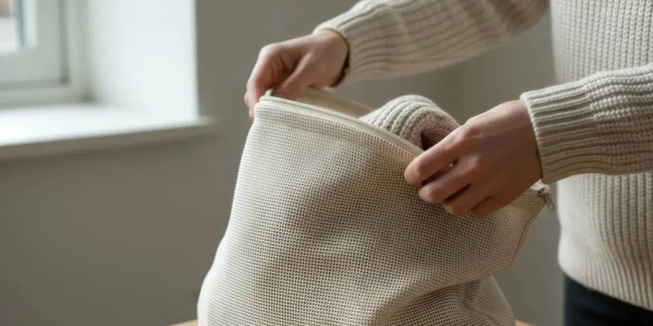 Händerna drar igen en tvättpåse med en stickad tröja inuti, för att undvika att ullen krymper i tvätten.