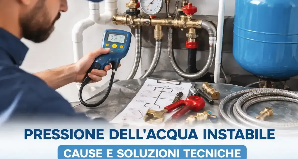 Idraulico controlla la pressione acqua bassa con strumento digitale. Impianto idraulico, manometro e schema tecnico sul tavolo.
