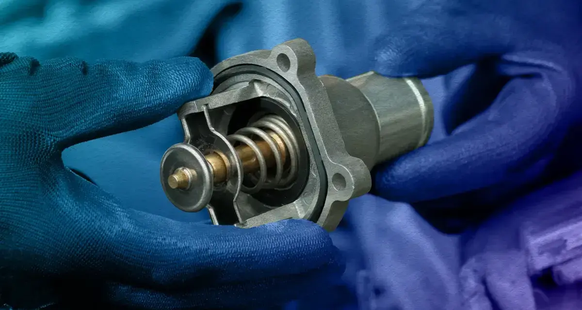 Hands in blue gloves hold a car thermostat, ready for replacement. The internal spring and valve are visible.